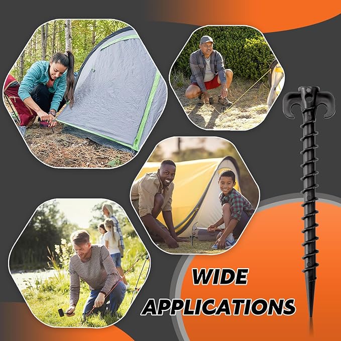 AUGSUN 8 Pack Plastic Tent Stakes Heavy Duty, Black Sand Stakes for Beach 7.5 Inch Screw in Tent Stakes Spiral Ground Anchors Tent Pegs Canopy Stakes for Inflatables Outdoor Camping Hiking Garden Lawn