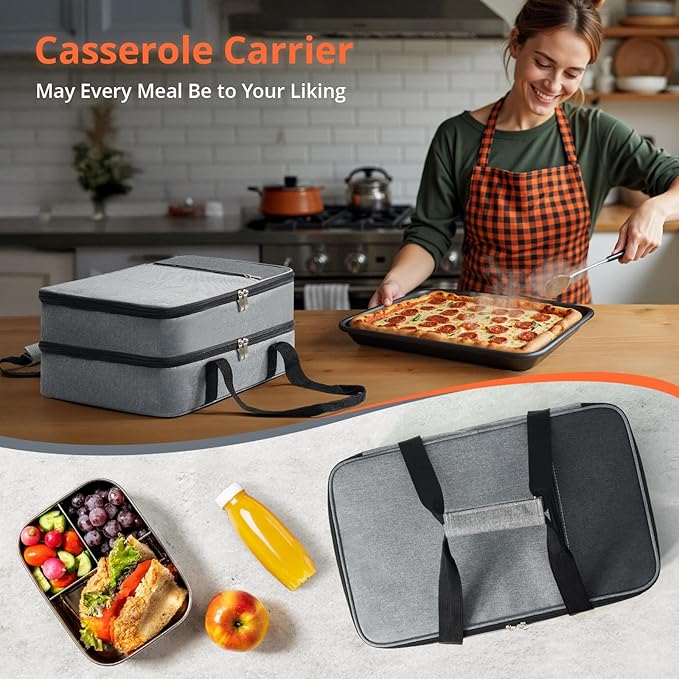 Double Insulated Casserole Carrier for Hot or Cold Food,Pie Carrier Bag Lunch Tote for Potluck Parties/Picnic/Cookouts, Fits 9"x13" Baking Dish, Grey