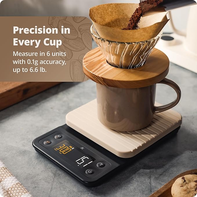 Greater Goods 0.1g Precision Coffee Scale with Timer – 3kg Digital Scale for Pour-Over, Espresso, French Press, Kitchen Use (Birch)