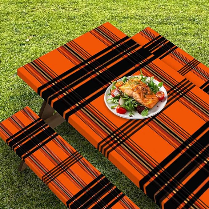 CAPSCEOLL Fitted Picnic Table Cover with Bench Covers with Elastic 8Ft Waterproof Picnic Table Cloths Windproof Outdoor Camping Tablecloth with Drawstring Bag, 96X30in, Orange Plaid