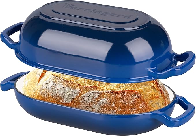 Enameled Cast Iron Sourdough Bread Oven, Dutch Oven, Loaf Cast Iron Bread Pan for Homemade Bread Baking, Meatloaf Pan with Lid, 5QT, Blue