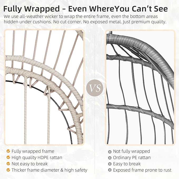 Foldable Hanging Egg Chair with Stand and Pillow, HDPE Rattan and Heavy Duty Aluminum-Steel Frame, Outdoor Patio Wicker Swing Egg Chair with Headrest and Cushioned, 350 Lbs Capacity (Beige)