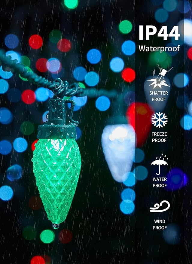 C9 LED Christmas String Lights - 82ft 100 LED Outdoor String Lights with Timer and 8 Lighting Modes, Plug in Extendable Roofline Lights String for Outside Yard Porch Christmas Holiday Decoration