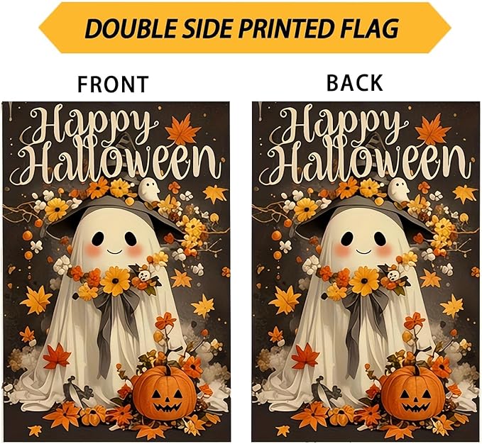 Happy Halloween Garden Flag 12X18 Inch Double Side,Cute Pumpkin Ghost Yard Flag, Jack O Lantern Small Garden Flag,Yard Outdoor Flag for Holiday Outside Patio Lawn Decoration