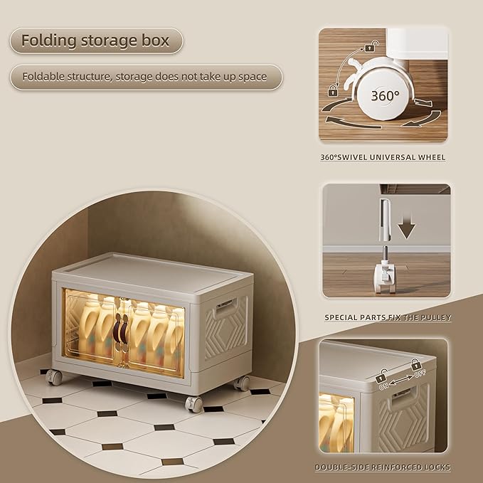 36 QT / 9 Gal Stackable Storage Bins (1 Lid) w/Wheels & Magnetic Doors, Collapsible Plastic Organizer Cabinet for Closet Office Garage - White Storage Containers