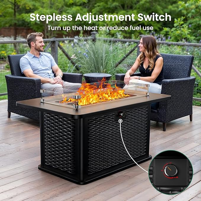 Ciays 43-Inch Rectangular Propane Fire Pit with 60,000 BTU Output, Fire Pit Table Premium Gas for Outside Patio with 304 Stainless Steel H-Burner, Glass Stones, and Wind Guard,Black