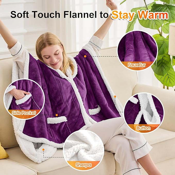 greenoak Wearable Heated Throw Blanket Electric Shawl - Heated Robe Poncho Blanket Hoodie for Adult, Winter Gifts for Mom Women Girlfriend Grandma 5-Position Timer 10-Heating Levels,Purple