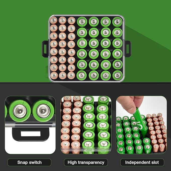 ALCYON Battery Organizer Storage Case, Battery Vault Box Container for 48pcs AA AAA Batteries, Plastic Clear Protective Battery Holder for Travelling/Home/Office (Black, Medium)