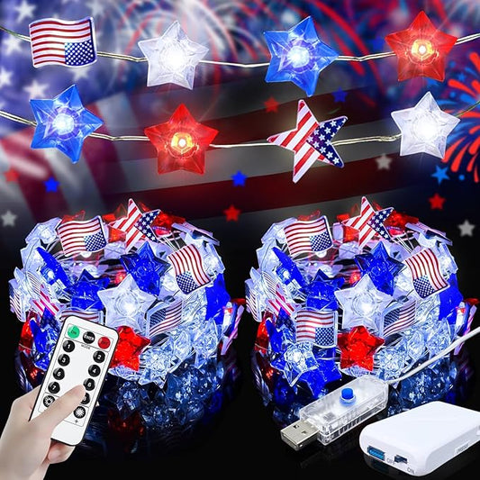 4th of July Decorations String Lights with Remote 2Pack, 16FT Red White Blue Patriotic Lights with 50LED Flag Stars, USB & Battery Powered Fairy Light for Patriotic Memorial Day Independence Day Decor