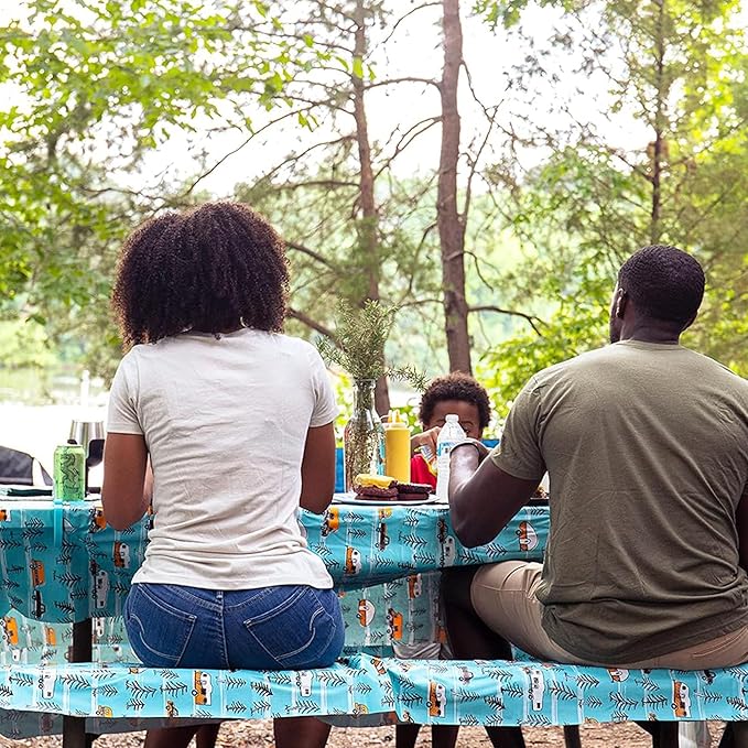 Camco Life is Better at The Campsite Tablecloth with Bench Covers | Provides a Clean Eating Surface for Outdoor Activities | Features an RV and Tree Sketch Design | (53380)