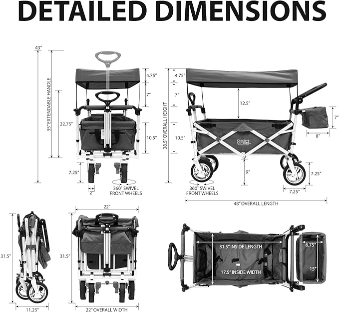 Creative Outdoor Wagon for Kids Push Pull Collapsible Stroller with Canopy Folding Cart for Beach, Park, Garden (Teal & Grey)