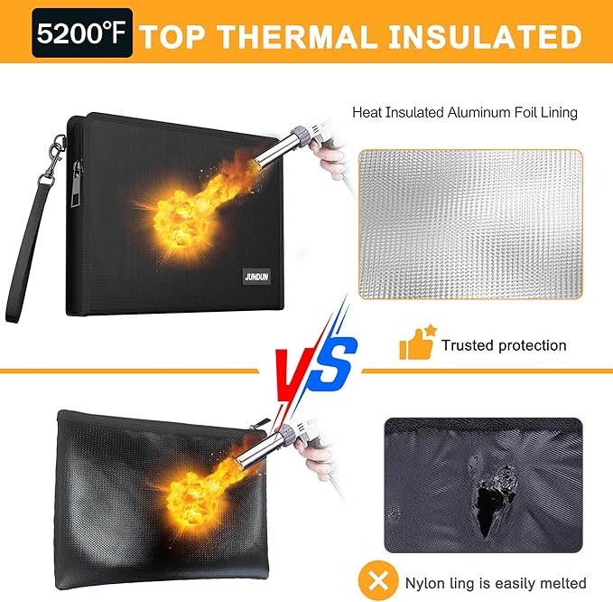 JUNDUN 5200℉ Fireproof Money Bag,8.5”x5.7” Water Resistant and Fireproof Cash Bag with External Pocket,Home Fire Safe Storage Bag Pouch for Money,Cash,Passport and Card
