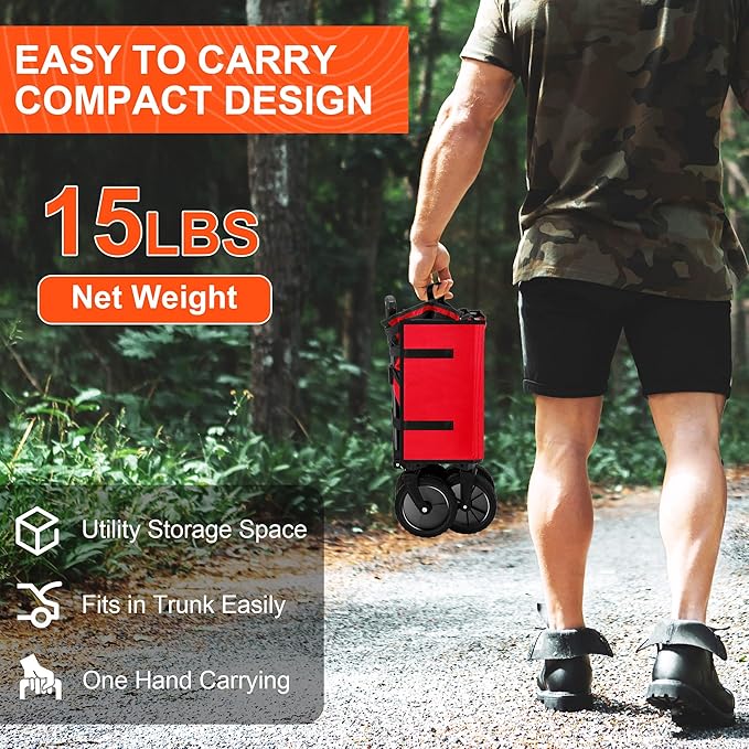 Collapsible Wagon Carts,Folding Wagon Cart with All Terrain Wheels,Heavy Duty Garden Carts with Adjustable Handle,Outdoor Utility Wagon for Camping Shopping Sports Fishing（Red）