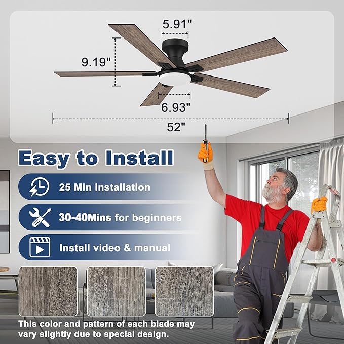 cumilo 52 inch Smart Low Profile Ceiling Fan with Lights Remote,Control via Alexa APP WIFI,Quite DC Motor,Dimmable LED,Flush Mount Outdoor Indoor Ceiling Fans for Bedroom Patio Porch,Black&Walnut