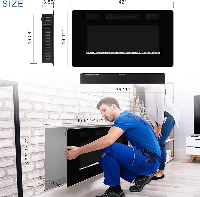 42" Fireplace in-Wall Recessed and Wall Mounted 1500W Heater and Linear Fireplace with Timer/Multicolor Flames/Touch Screen (Black)