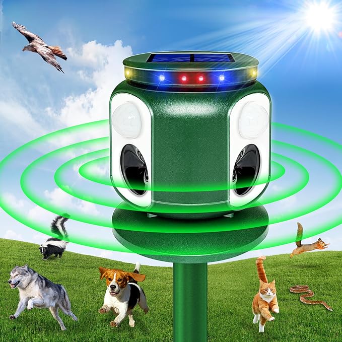 2025 Upgraded Solar Animal Repeller - 360° Animal Repellent Ultrasonic Outdoor - Deer Cat Repellent Devices Squirrel Dog Repeller with Motion Sensor & Flash for Fox Bird Mole Skunk Coyote Raccoon