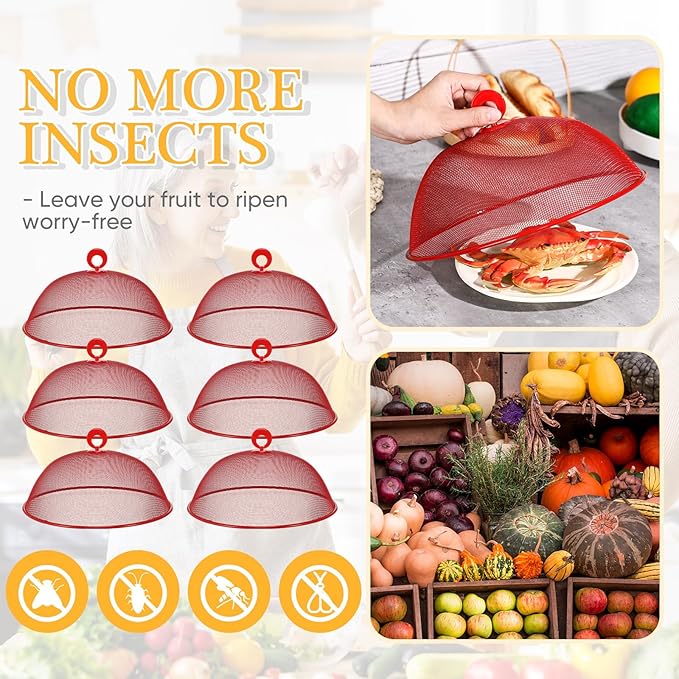 Gerrii 6 Pcs Metal Mesh Food Cover Outdoor Mesh Food Tents Dome Screen Plate Covers for Dinner Plates Reusable Fruit Fly Nets Picnic Food Umbrella for Table, BBQ, Camping, Party (Red,11 Inch)