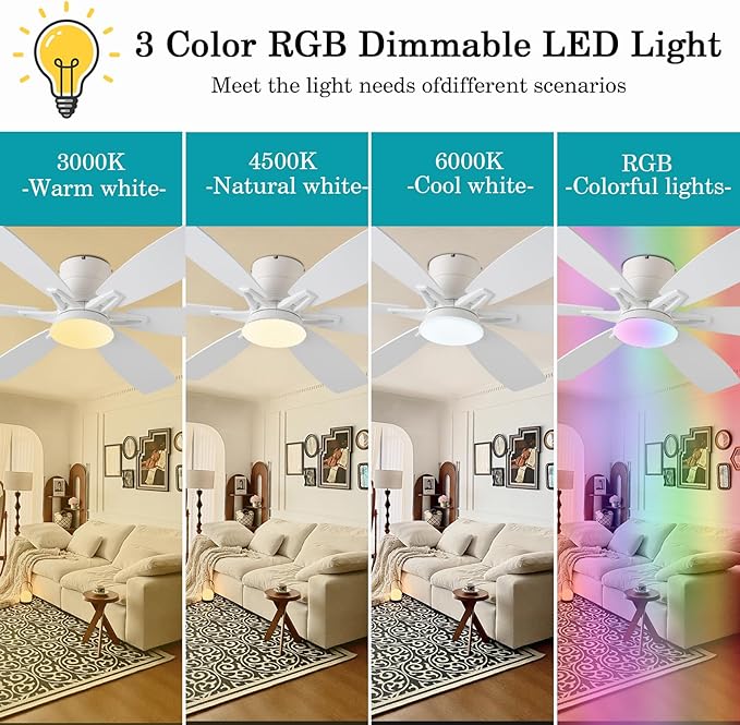 52inch White Ceiling Fans with Lights and Remote/App Control, Low Profile Ceiling Fan with Light and 6 Double-Side blades, Flush Mount, LED/RGB Dimmable DC Reversible Modern Ceiling Fan for
