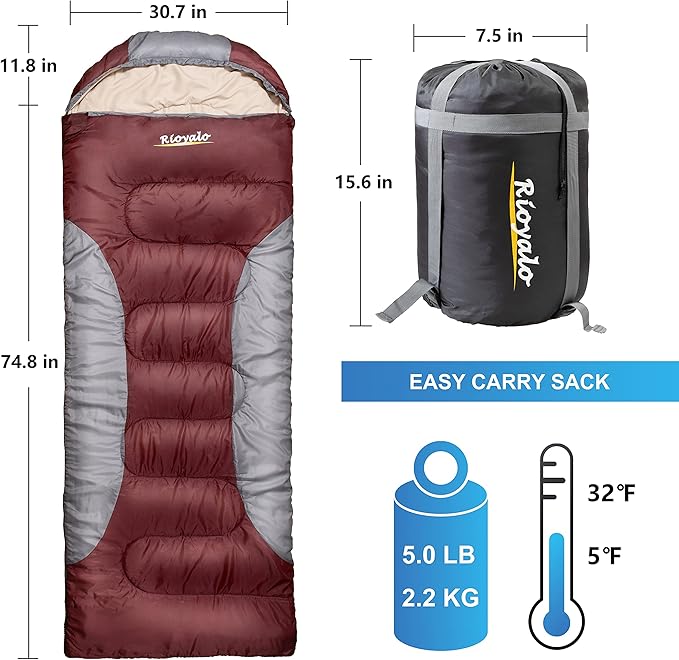 0 Degree Winter Sleeping Bags for Adults Camping (450GSM) - Temp Range (5F–32F) Portable Waterproof Compression Sack- Camping Sleeping Bags for Big and Tall in Env Hoodie: Backpacking Hiking 4 Season