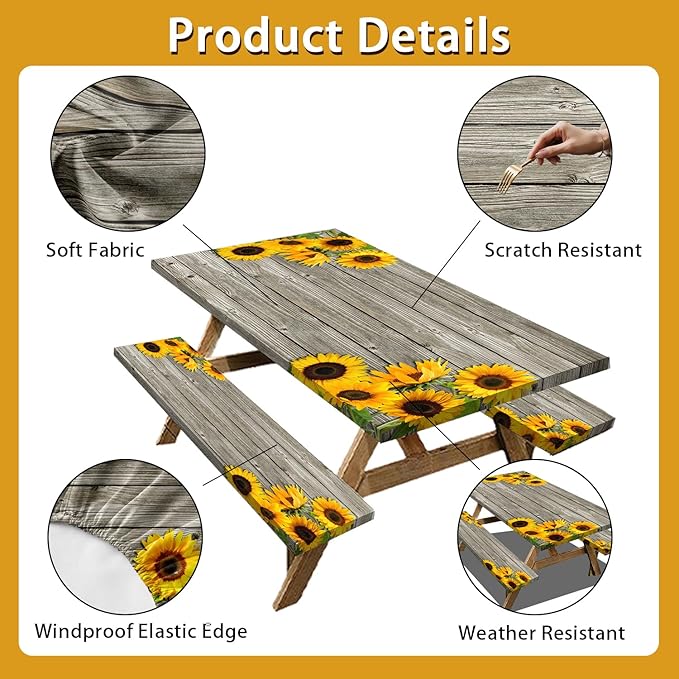 3 Pcs Sunflower Wooden Picnic Table Cover with Bench Covers,6Ft Rustic Sunflower Waterproof Fitted Picnic Table Cloths Retro Wood Texture Elastic Outdoor Picnic Tablecloth for Camping Patio Travel