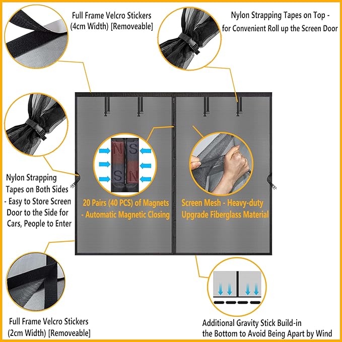 Garage Door Screen for 1 Car Garage 14x8FT, Magnetic Screen Door 14x8 FT Garage/Patio/Porch/Balcony with Retractable Fiberglass Mesh & Heavy Duty Weighted Bottom, Hands Free Easy Assembly & Pass