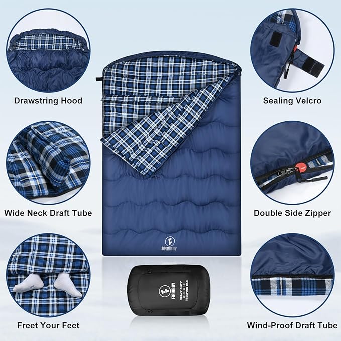 0 Degree Flannel Double Sleeping Bag for Adults, Couples or Family - Winter Queen Size Waterproof & Warm 2-Person Sleeping Bag for Cold Weather Camping, RV Travel