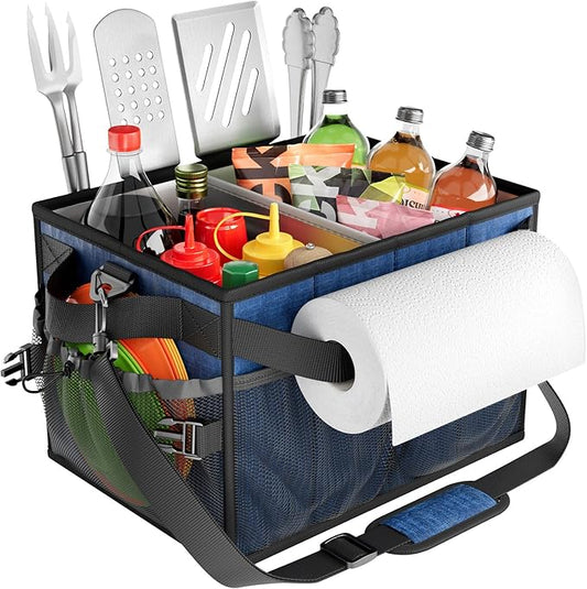 FANGSUN Large Grill and Picnic Caddy with Paper Towel Holder, BBQ Organizer for Utensil, Plate, Condiment, Collapsible & Easy Carry Griddle Caddy, Must Haves for Outdoor, Camper, Travel, Car, RV