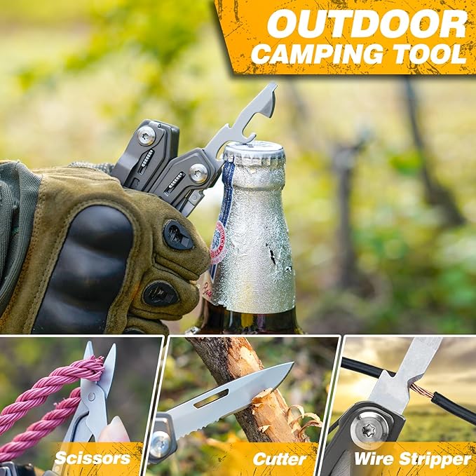 BIBURY Multitools BI2043, 17-in-1 Portable Multitool Foldable Spring-Loaded Pliers with Scissors, Can Opener & Screwdriver, EDC Tools for Camping, Outdoor Activities, Home Repair - Titanium Plating