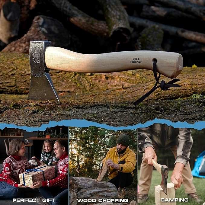 Prandi Axes German C45 Forged Carbon Steel Hatchet - Hickory Handle with Leather String - Ideal for Camping, Travel and Bushcraft - S/N 3.003.10.CH - 16" L x 6.85" W, 1000g Polished Head, No Sheath