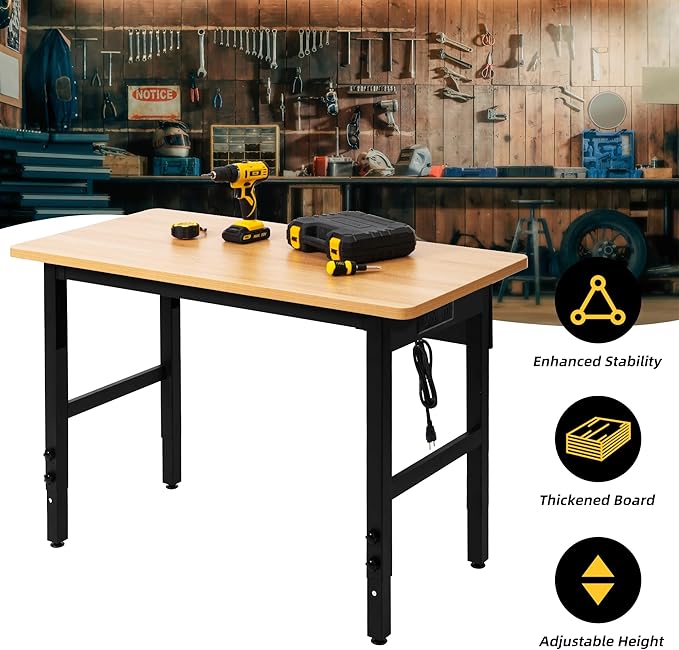 48" Adjustable Workbench with Power Outlets, Work Table for Garage, 2000 LBS Capacity Hardwood Work Bench, Heavy Duty Table for Workshop, Office, Garage, Home