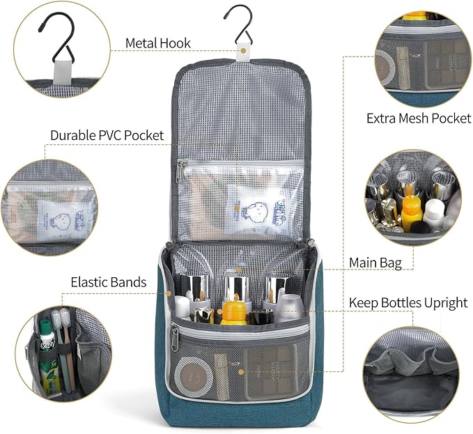 Della Gao Hanging Toiletry Bag for Women, Travel Toiletry Bags Makeup Organizer, Water-resistant Cosmetic Bag for Essentials Accessories (Dark Green)