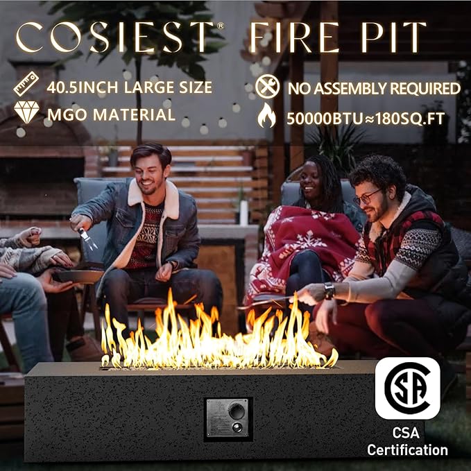 COSIEST 56" Rectangular Outdoor Propane Fire Pit Coffee Table w Concrete Rectangle Base, CSA Certified, 50,000 BTU, Free Lava Rocks and RainCover, Fits 20lb Tank Outside,Tank Cover, Gray