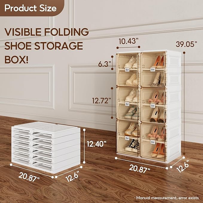 ANTBOX Shoe Organizer Storage Box, Portable Folding Shoe Rack For Closet With Magnetic Clear Door,Large Sneaker Cabinet Bins Sturdy Easy Assembly 6 Layers-12 Grids