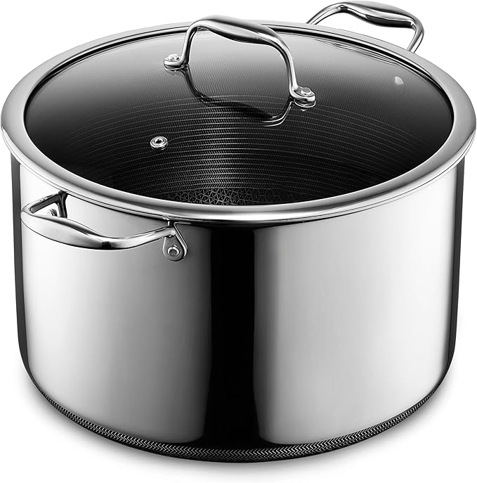 HexClad Hybrid Nonstick 12-Quart Stockpot with Tempered Glass Lid, Stay-Cool Handles, Dishwasher-Friendly, Oven-Safe Up to 900°F, Induction Ready, Compatible with All Cooktops