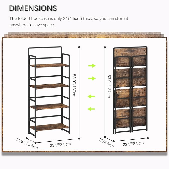 4NM No Assembly Folding Bookshelf, 4-Shelf 54" H Collapsible Foldable Bookcase Storage for Small Spaces, Rustic Brown and Black