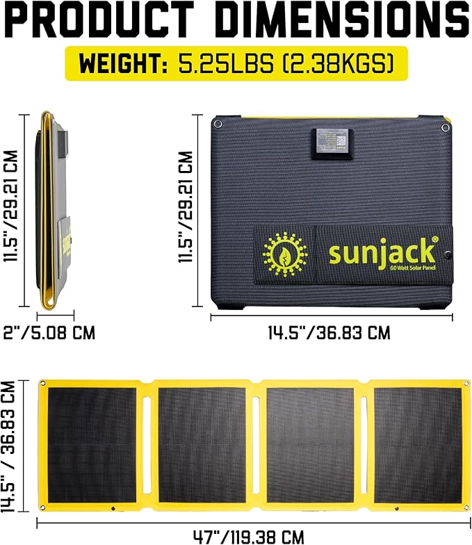 SunJack – 60 Watt Foldable Solar Panel, ETFE Waterproof Portable Solar Panel with Kickstands, USB-C PD30W, USB-A QC3.0, DC Output, Solar Panels for Camping, Hiking, Emergency Power