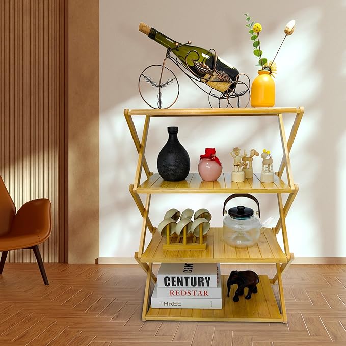 Foldable Bamboo Shelf, Folding Shoe Rack, Flower Rack, Camping Rack, No Installation Required, Portable, Space Saving, Multi-Purpose Storage Rack (Natural, 4 Tiers)