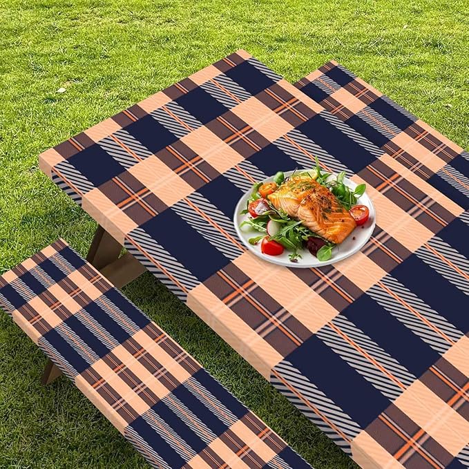 CAPSCEOLL Fitted Picnic Table Cover with Bench Covers with Elastic 6Ft Waterproof Camping Picnic Table Cover Cloths for Outdoors Camping Tablecloth with Drawstring Bag, 72X30in, Autumn Plaid