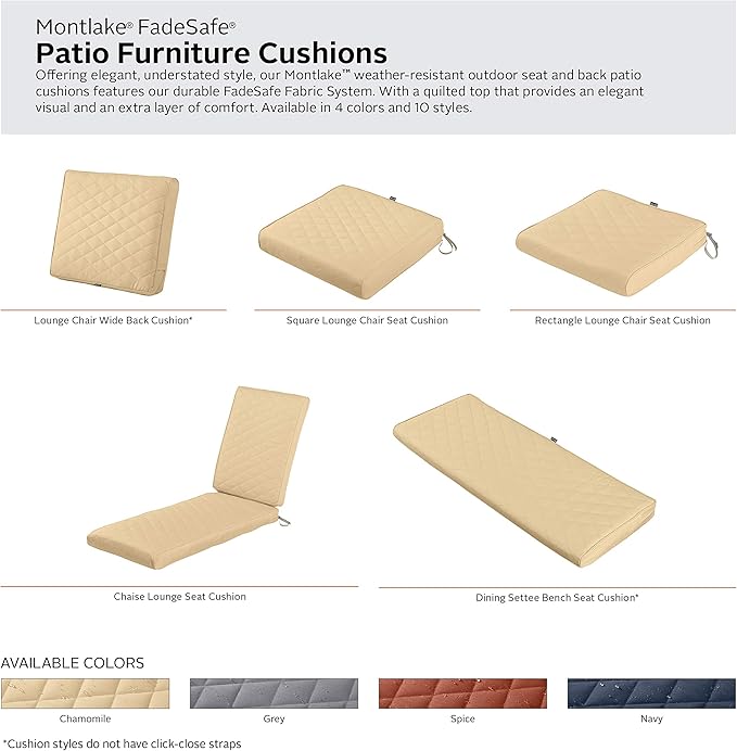 Classic Accessories Montlake FadeSafe Water-Resistant 21 x 20 x 4 Inch Wide Back Patio Quilted Lounge Cushion, Chamomile