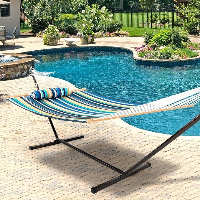 Lazy Daze Quilted Fabric Hammock with 12-Foot Stand, Double 2-Person Hammock with Pillow for Outdoor Outside Patio, Garden, Backyard, 450LB Capacity, Beach