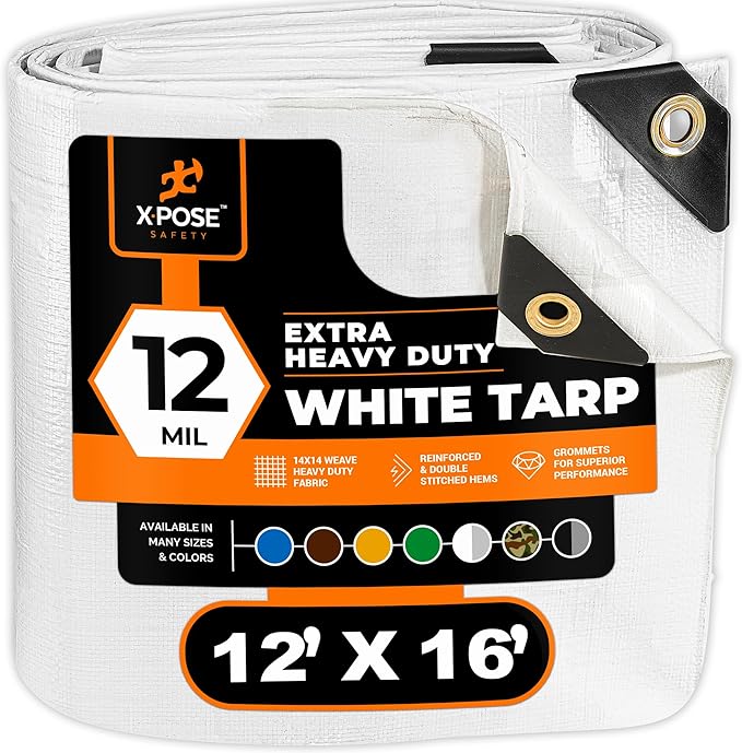 Heavy Duty White Poly Tarp 12' X 16' - Multipurpose Protective Cover - Durable, Waterproof, Weather Proof, Rip and Tear Resistant - Extra Thick 12 Mil Polyethylene - by Xpose Safety