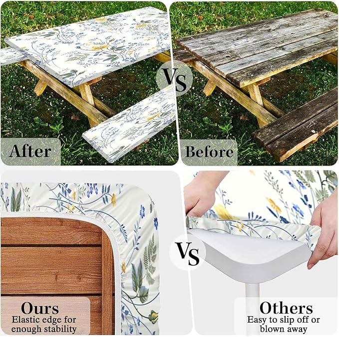 CAPSCEOLL Elastic Picnic Table Cover with Bench Covers 5Ft Waterproof Fitted Picnic Table Cover Cloths for Outdoors Camping Tablecloth with Drawstring Bag, 60X30in, Blue Yellow Flowers