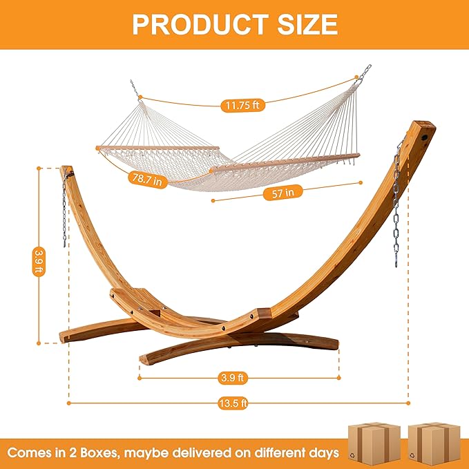 Lazy Daze Hammocks 12 FT Double Rope Hammock and 13 FT Natural Wooden Arc Stand, 2 Person Hand Woven Cotton Hammock with Spreader Bar for Outdoor Patio Poolside, 450 lb Capacity, Natural