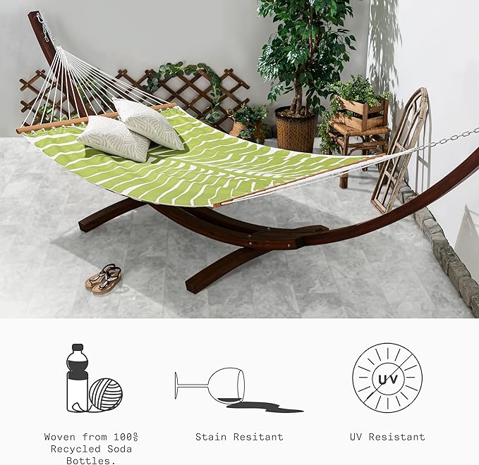 Fab Habitat Tropical Leaf Recycled Polyester Hammock - Hilo - Green - Indoor/Outdoor, Quick Dry, 2 Person 460 lbs Capacity - Patio, Poolside, Backyard - 12-14 ft Adjustable