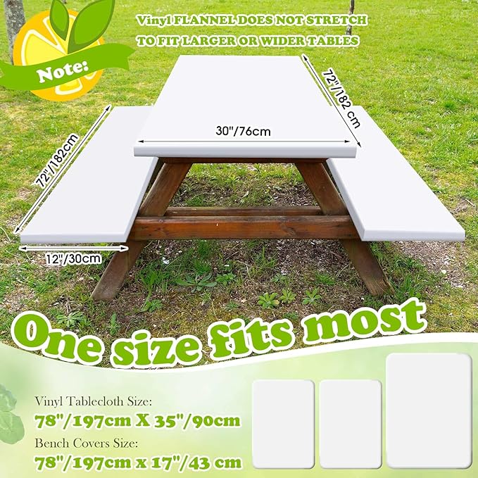 3 Pcs Picnic Table and Bench Fitted Tablecloth Cover for 6 Ft Table 30 x 72 Inch Vinyl Fitted Elastic Edges Waterproof Wipeable Tablecloth for Indoor Outdoor Travel Picnics Patio Camping (White)