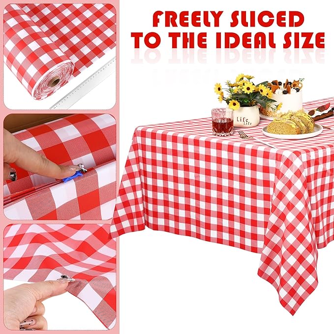 54 Inch x 300 Ft Red Checkered Plastic Table Cloth Roll Disposable Waterproof Table Cover with Easy Slide Cutter for Outdoor Picnic/Home Dining/Spring Party