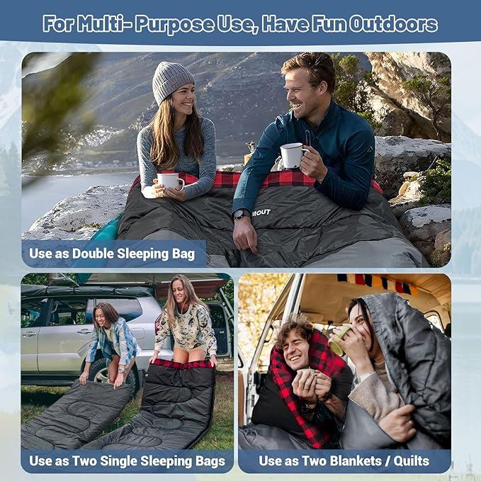 Double Sleeping Bag for Adults Machine Washable 2 Person Camping Sleeping Bag Queen Size Waterproof with Compression Sack for Cold Weather 3-4 Seasons