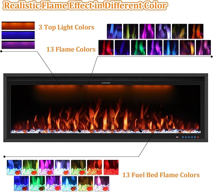 Benrocks 48'' WiFi- Enabled Electric Fireplace Inserts - Alexa & App Control, Slim Recessed & Wall Mounted, 13 * 13 * 3 Flame Color Combinations, 750W/1500W, Black