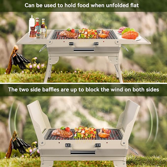 Portable Charcoal Grill Foldable Grills BBQ Grill Charcoal Small Grill for Travel, Camping, Outdoor Cooking, Backyard, Hiking, Patio Garden, Picnics,Beige