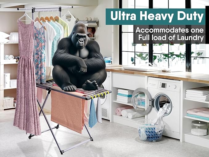 Clothes Drying Rack with Sock Clip, No Assembly, Telescopic Hanging Rod for Long Clothing, Metal Construction, Non-Slip Feet, Hidden Wheels, Foldable, Portable, For Laundry Room, Indoor & Outdoor